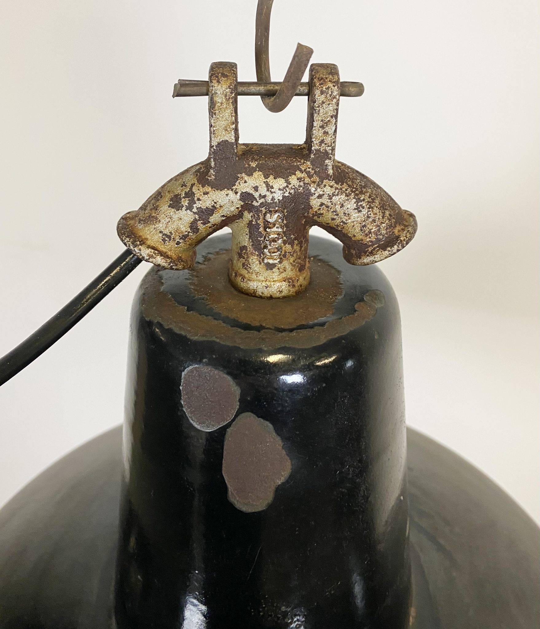 Black enamel industrial factory pendant lamp, 1930s