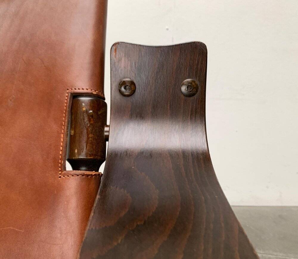 Brutalist Mid-Century Safari Armchair in Wood and Leather, 1960s