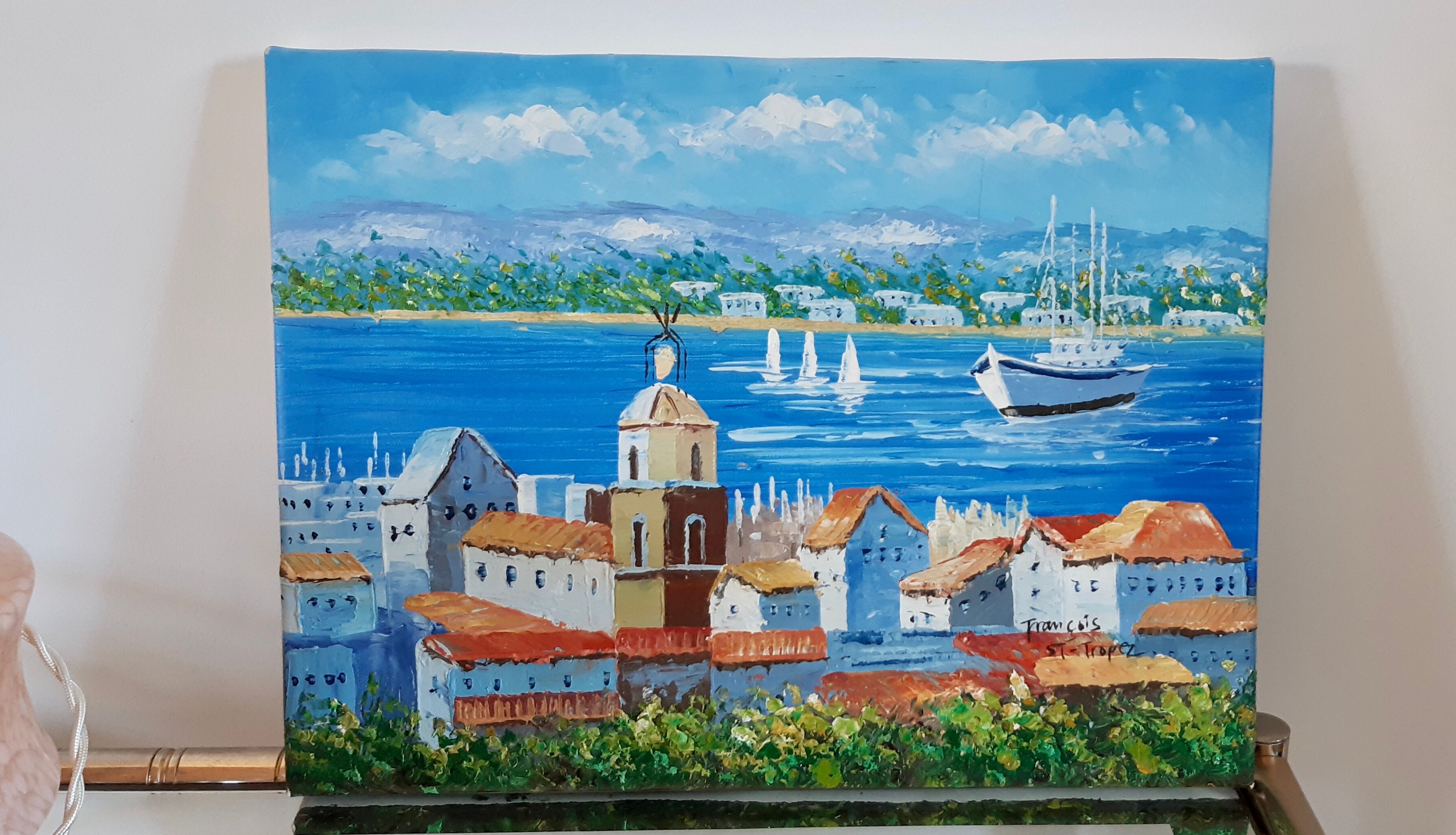 Oil on canvas painting representing Saint Tropez south of the vintage France