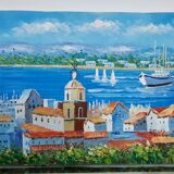 Oil on canvas painting representing Saint Tropez south of the vintage France