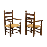 Paire de fauteuils paillés en hêtre naturel, années 1950