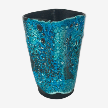 Vase céramique fat lava bleu années 60