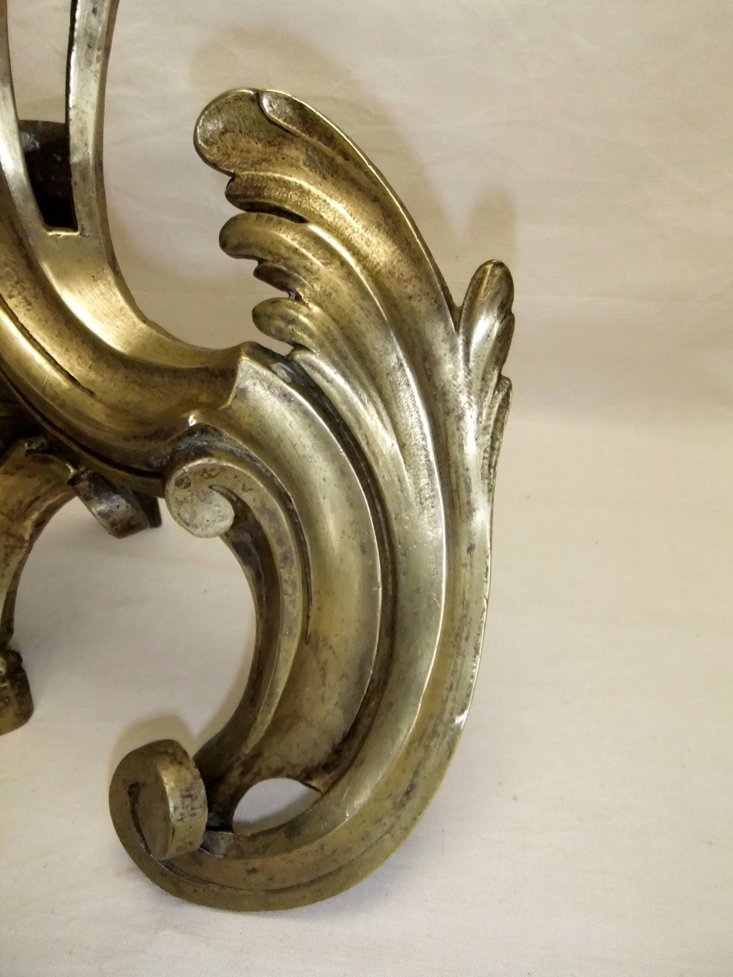 Old bronze andiron pair XVIII decor leaf accessory fireplace trim