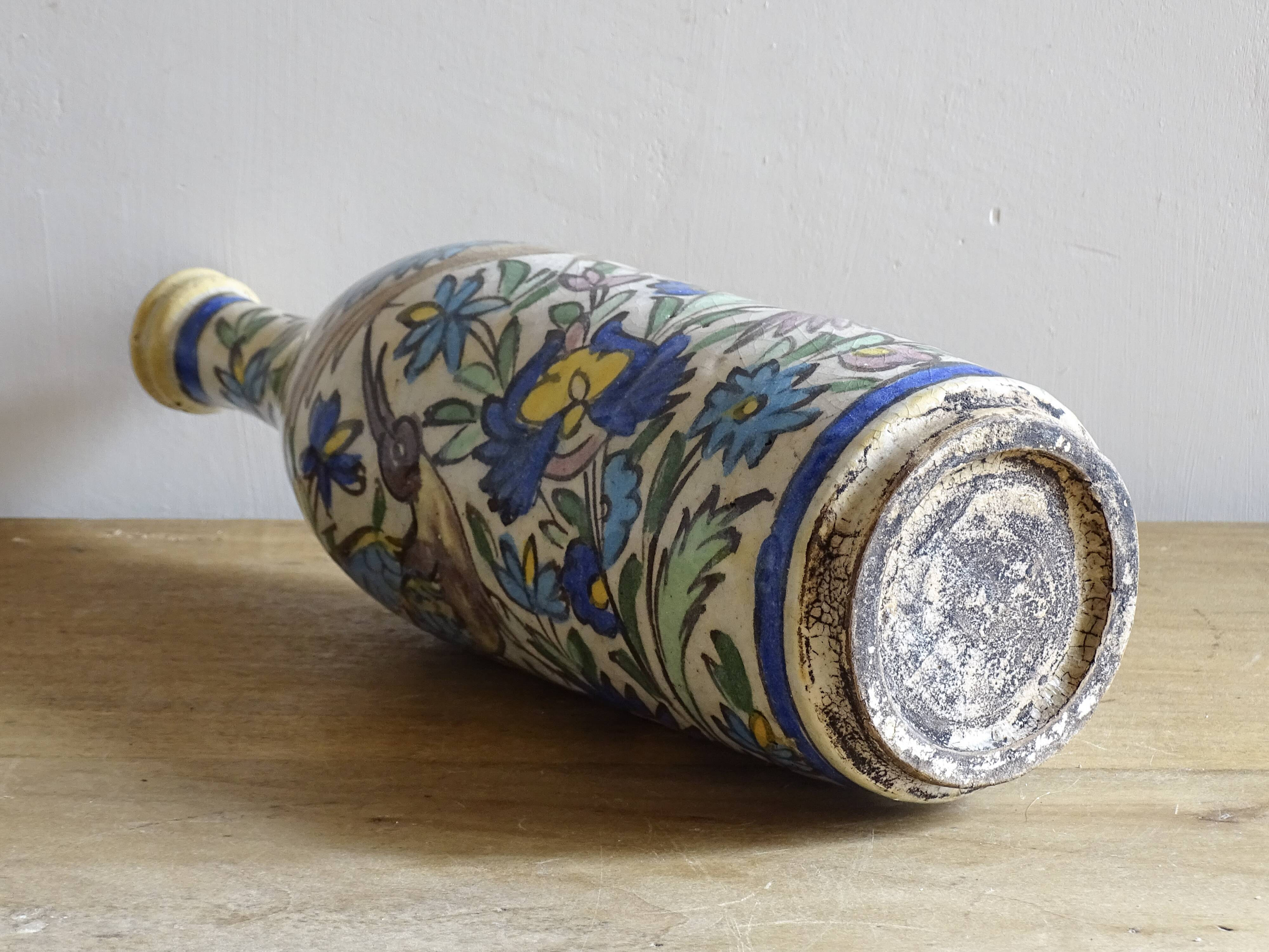 Antique Iznik Style Pottery Bottle with Birds, Ottoman Revival Ceramic Vase