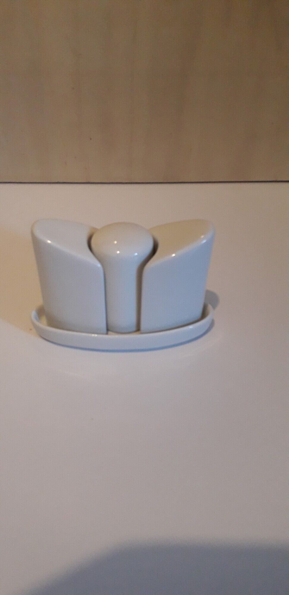 Set salt shaker, pepper tree and covered ceramic pot on small tray