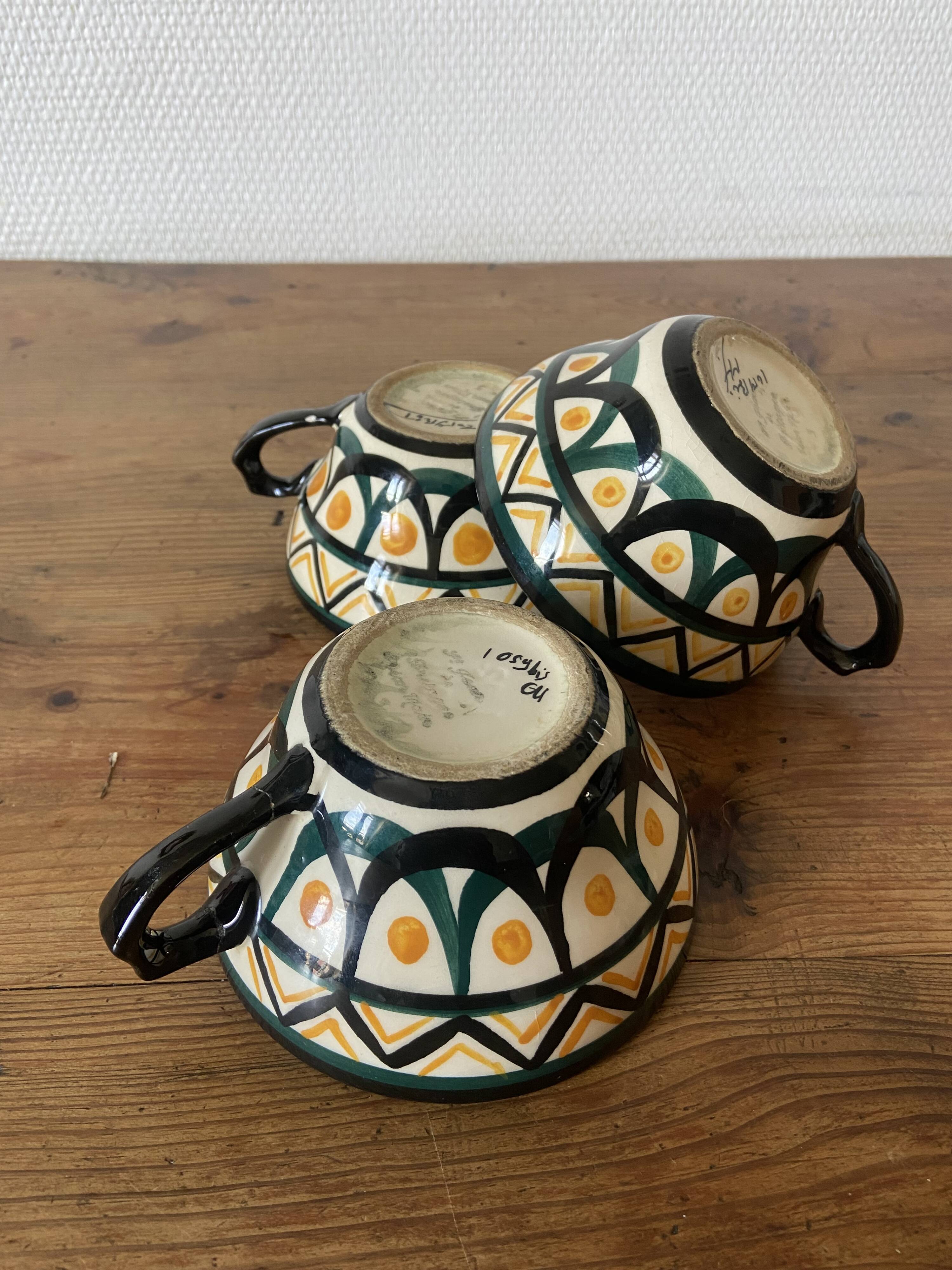 Set of 3 Breton earthenware cups & saucers