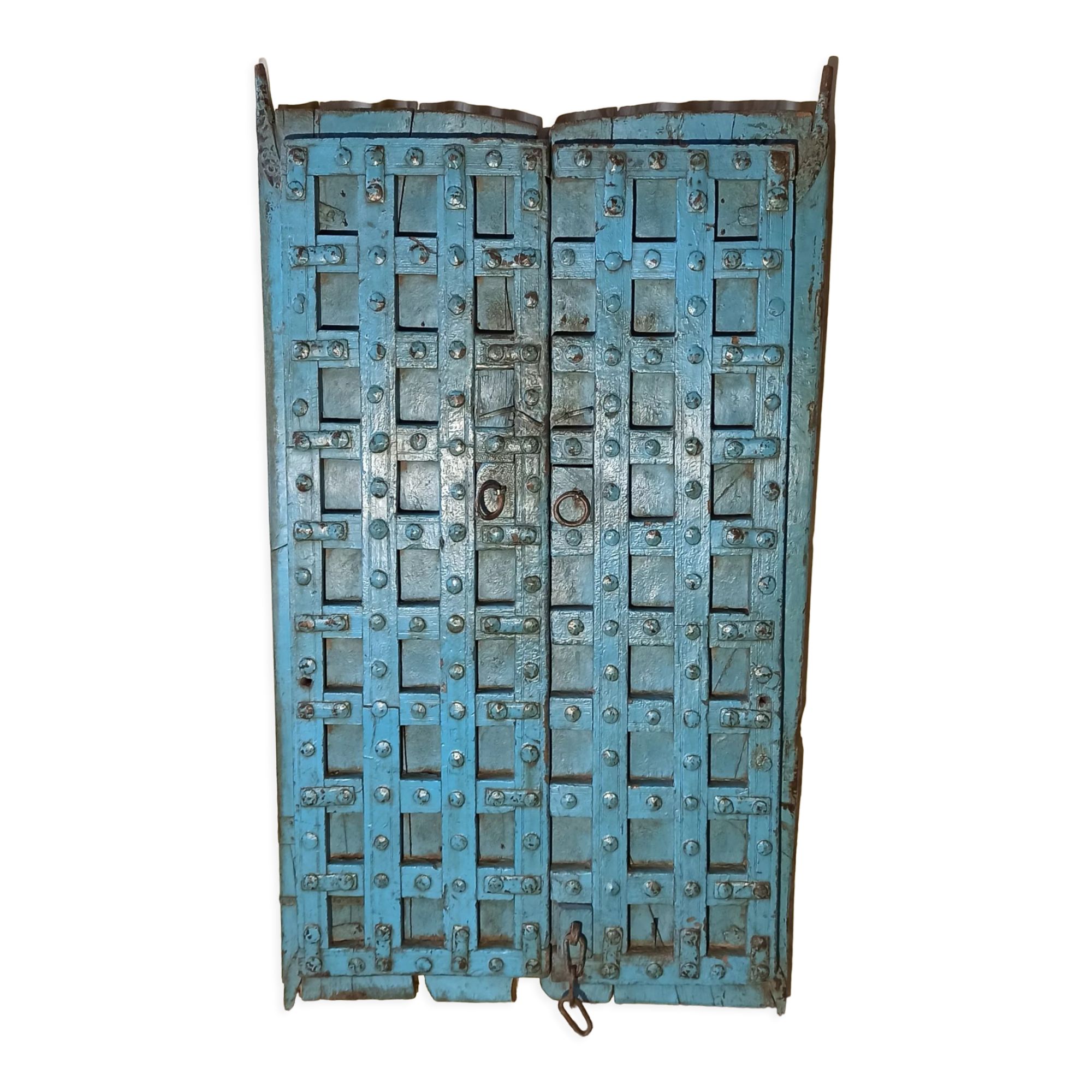 Old blue wooden door with braces