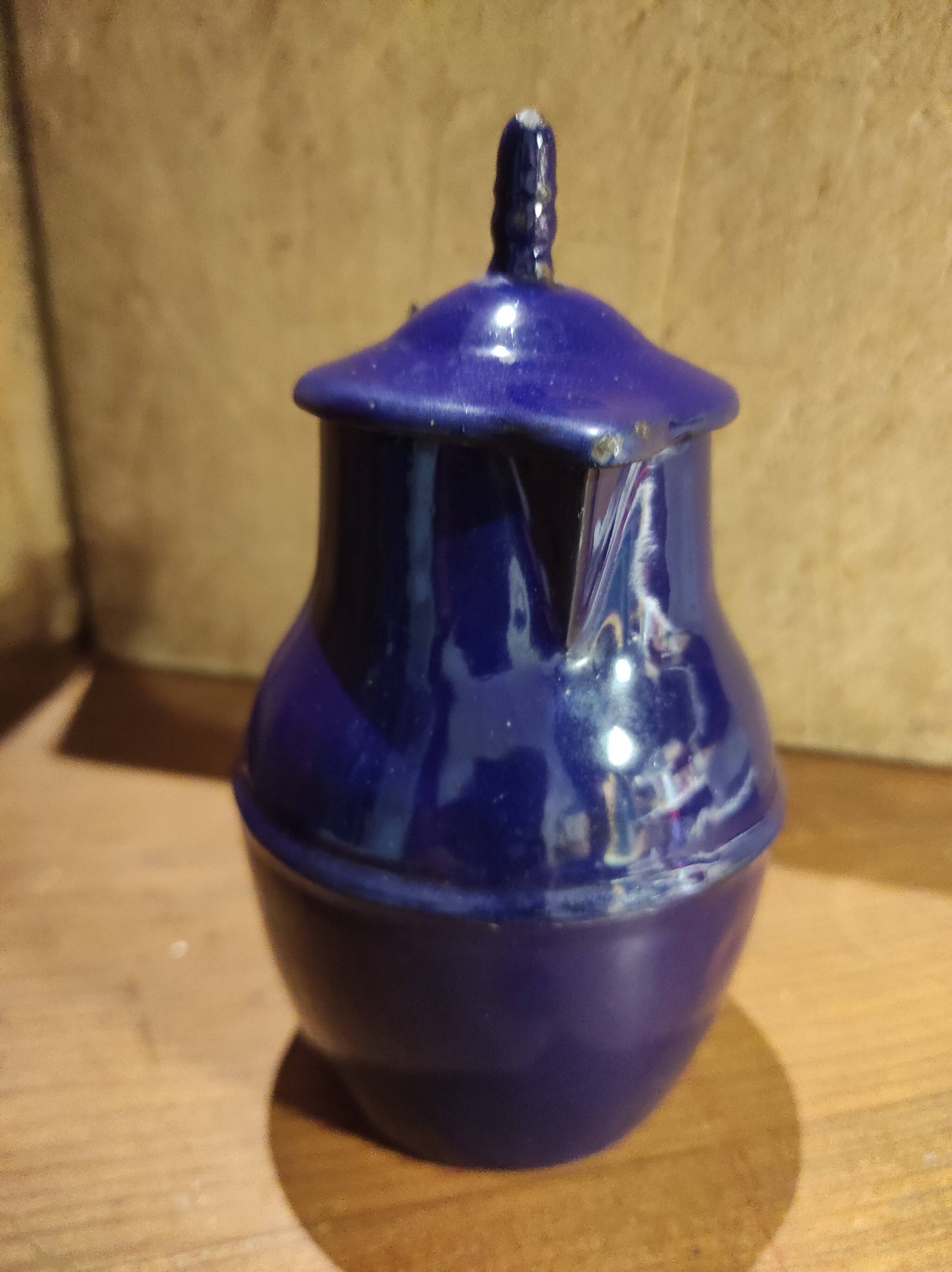 Small vintage French jug with lid, in blue enamel