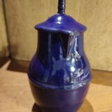 Small vintage French jug with lid, in blue enamel