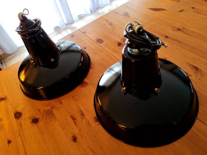 1 Pair of restored Mazda reflecto-lux enamelled industrial pendant lamps