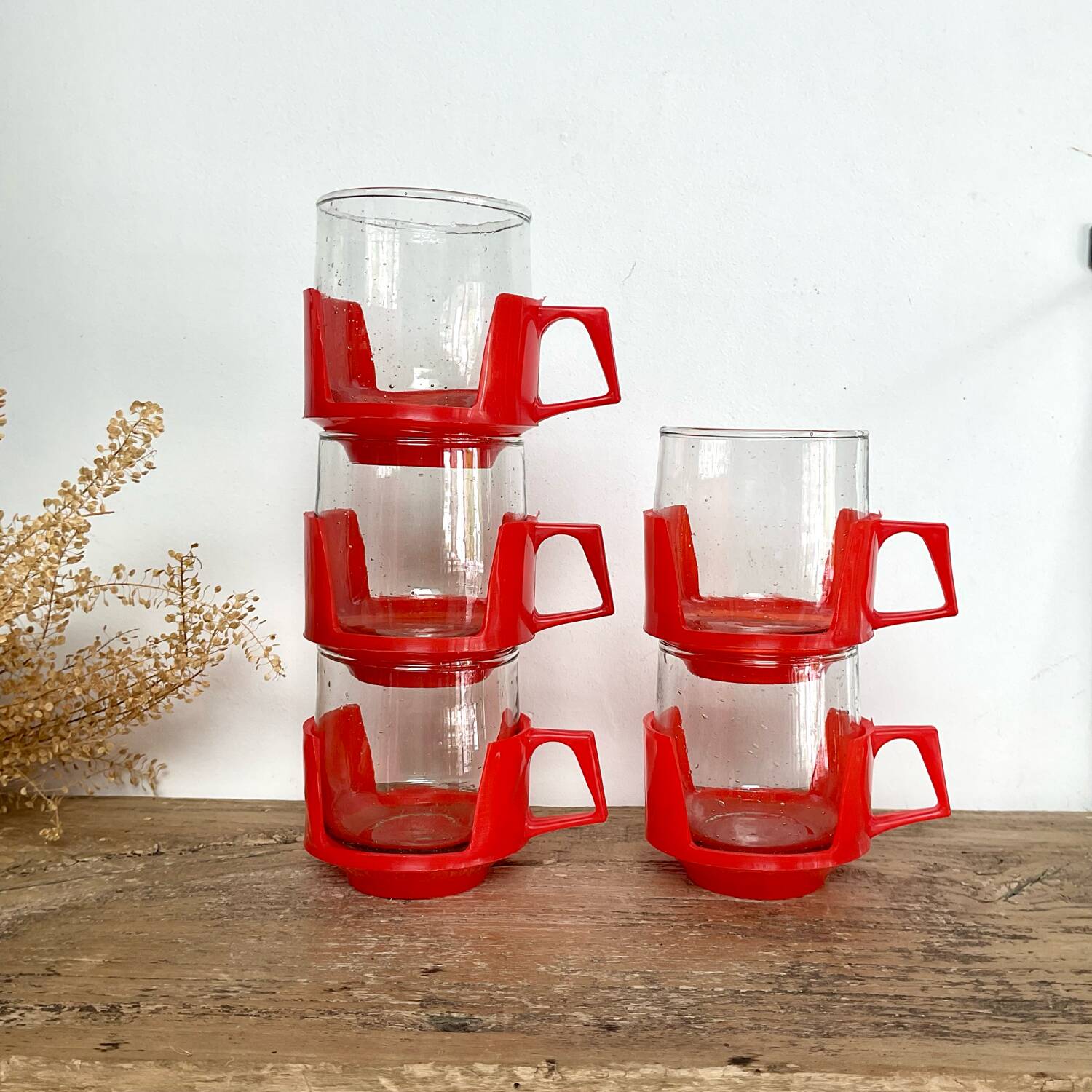 5 vintage red glass and plastic cups