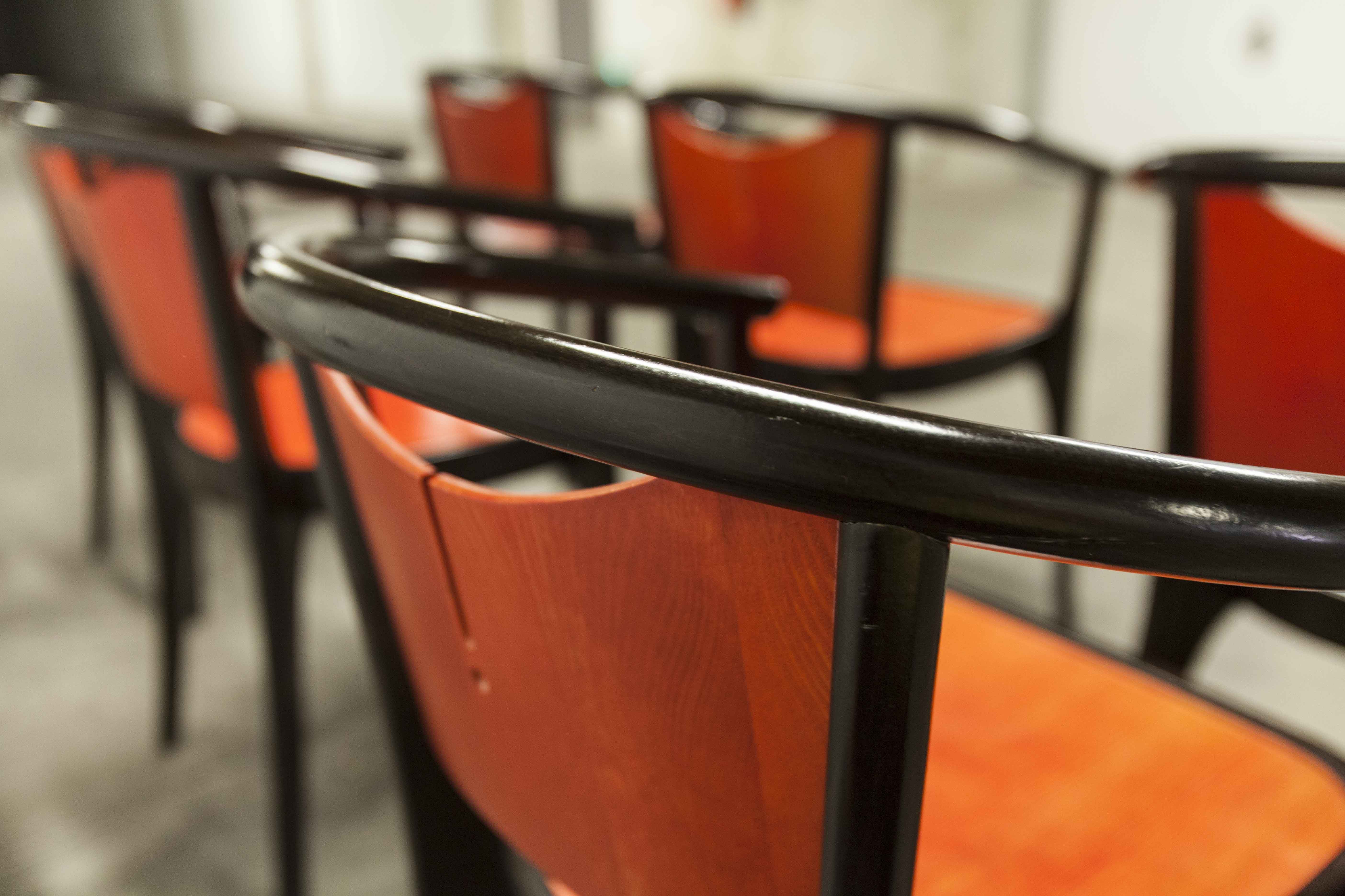 Table and 6 armchairs Baumann Diese, design Pagnon Pelhaître, Wenge color and red,