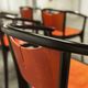 Table and 6 armchairs Baumann Diese, design Pagnon Pelhaître, Wenge color and red,