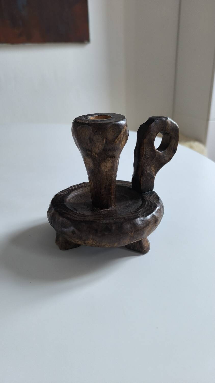 Brutalist wooden candle holder 1960
