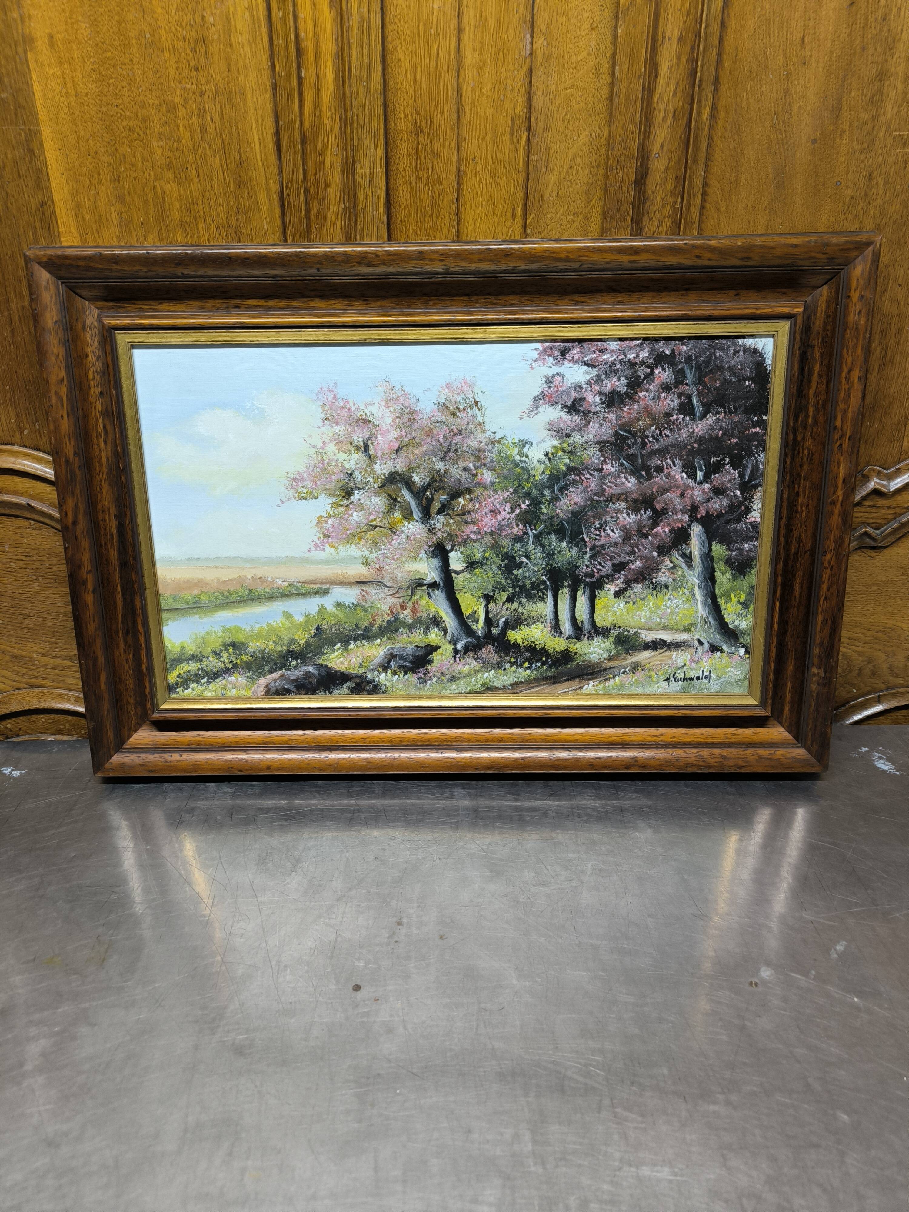 Landscape painting of flowering trees, Huguette Eichwald