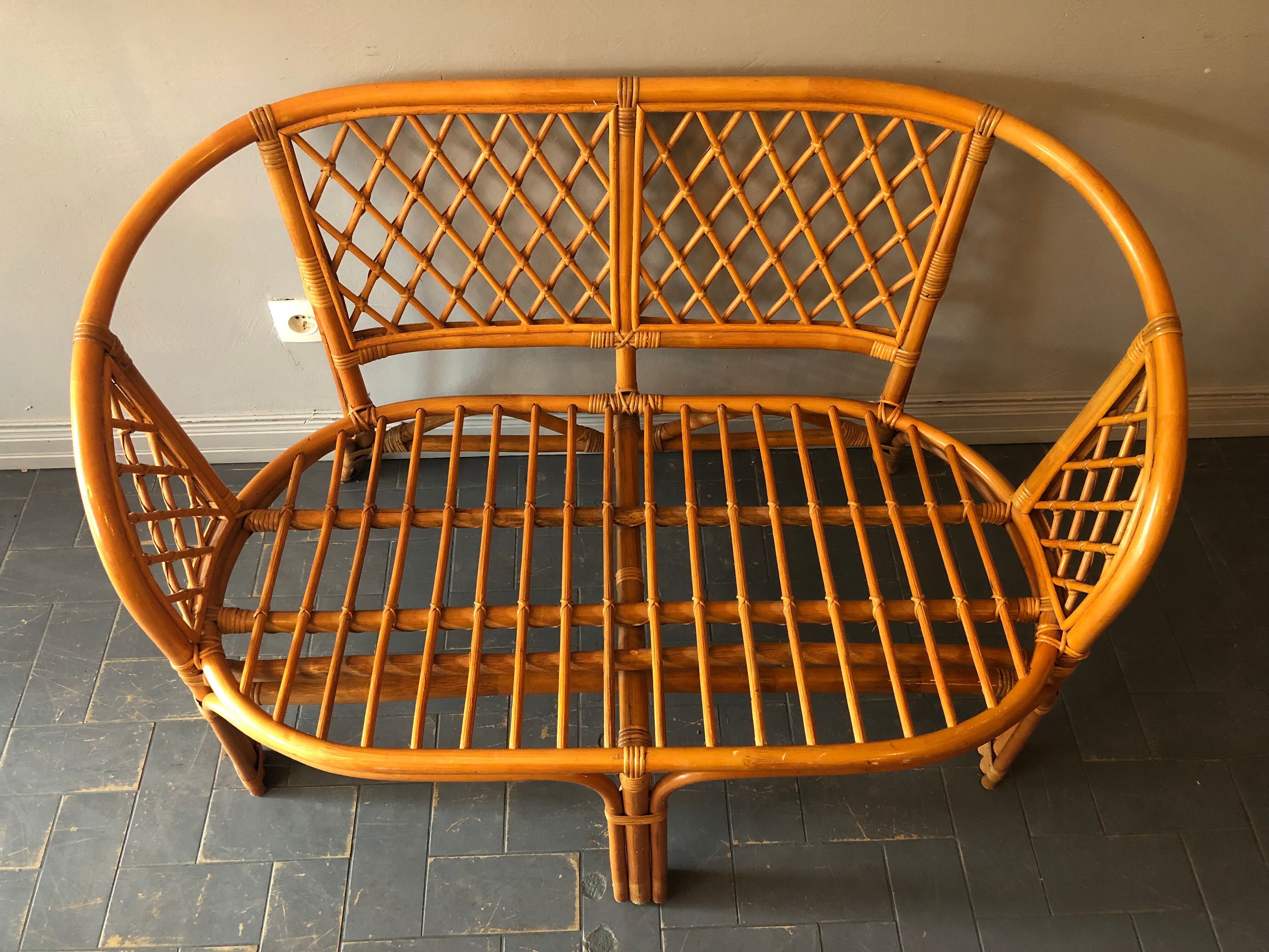 Bamboo and rattan bench and armchair