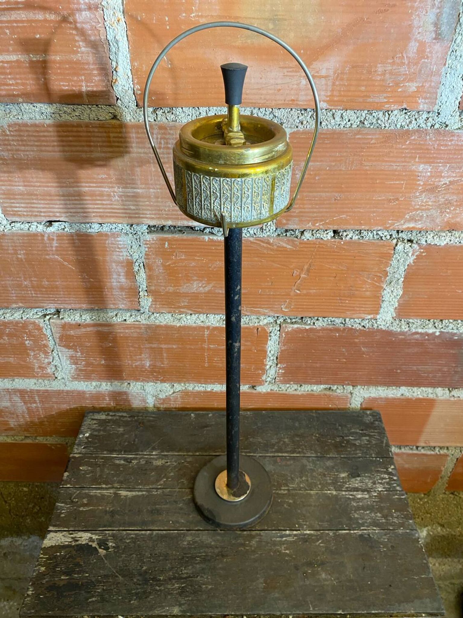 Vintage French Cast Iron Stand Ashtray + Gold Metal Ashtray #D