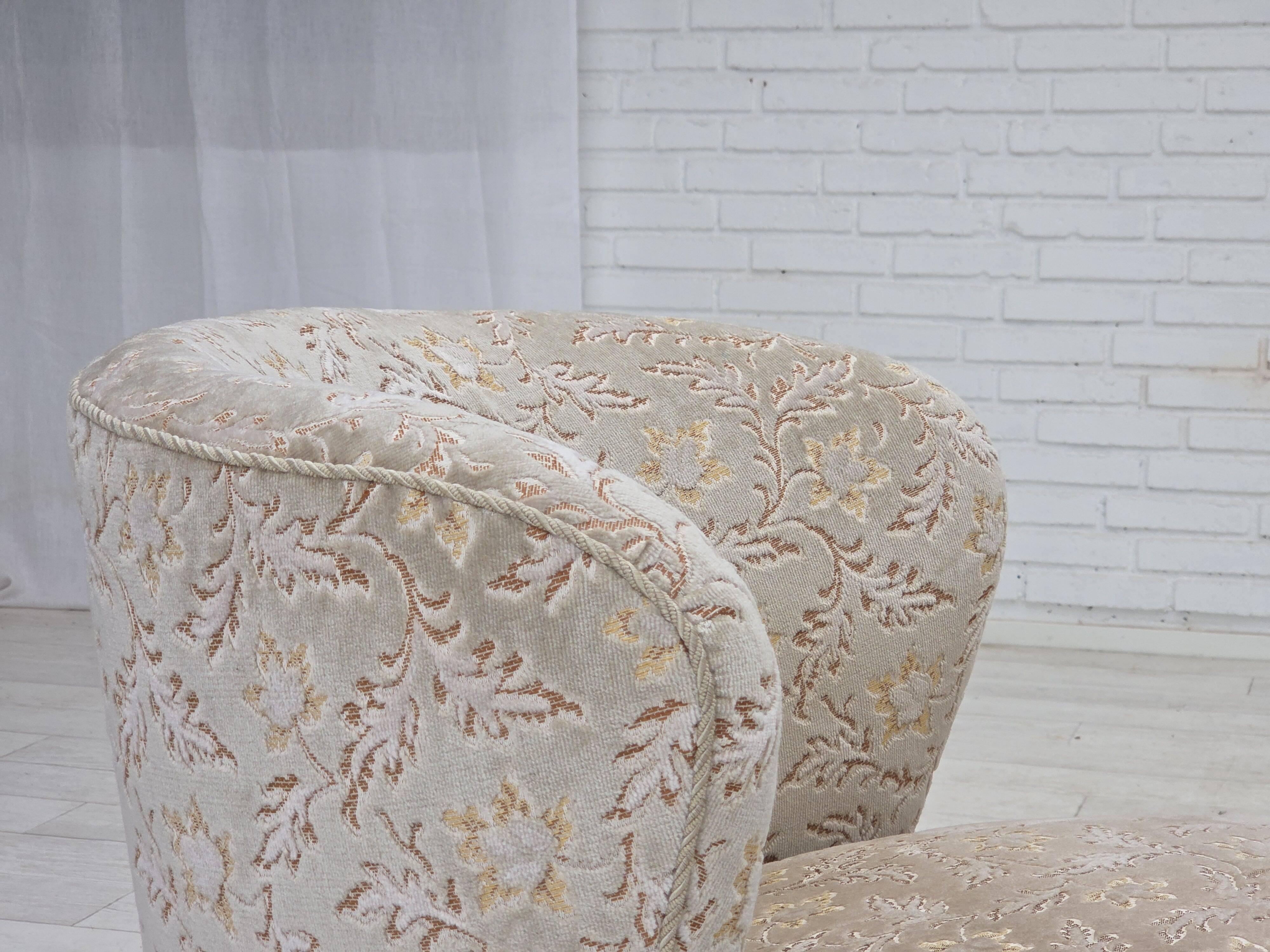 1970s, Danish curved armchair, original light green/gray furniture velour.
