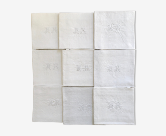 Lot de 9 serviettes en lin brodées main