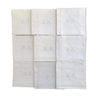 Lot de 9 serviettes en lin brodées main