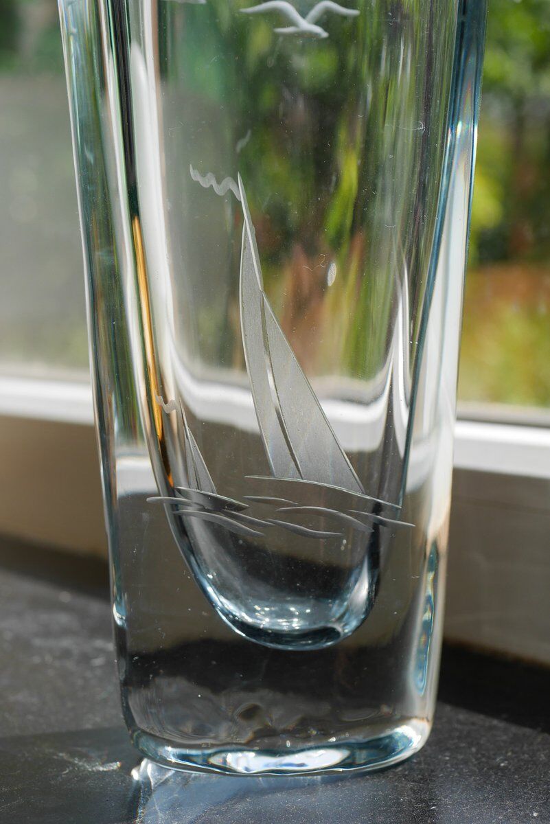 Etched glass vase with nautical theme from Strömbergshyttan, Sweden
