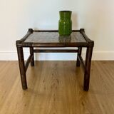Side Table Bamboo Rattan Smoked Glass 1970s, Table Basse Rotin Verre Fumé