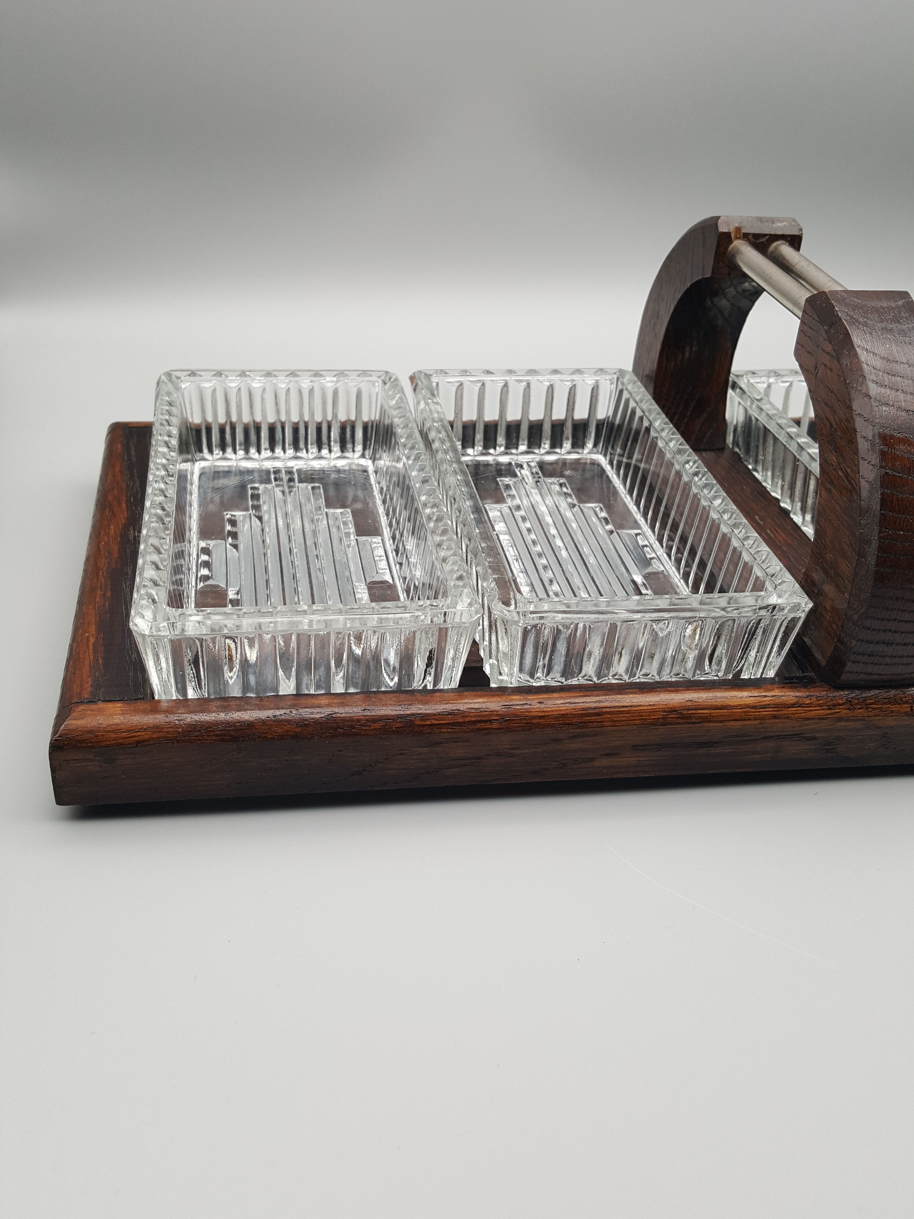 Wooden tray with glass ramekin handle servant aperitif appetizer vintage art deco appetizer