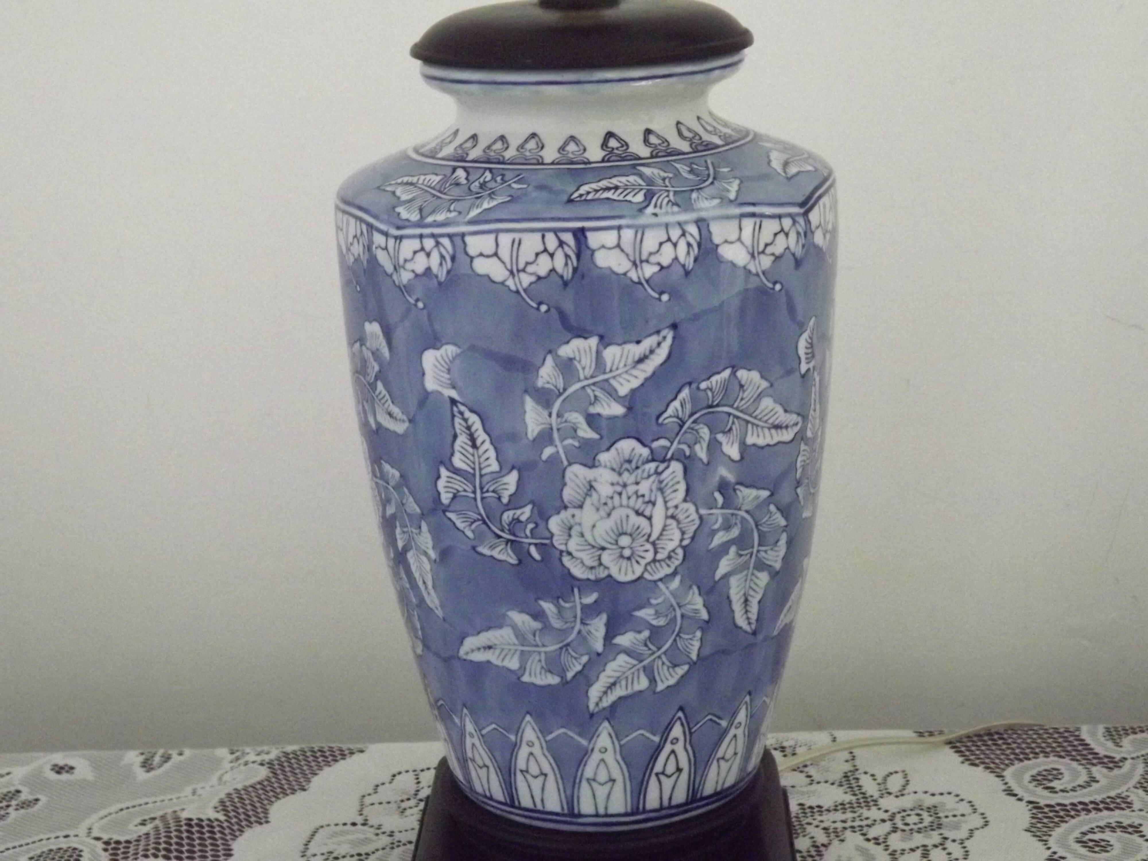 Tall Blue & White Oriental Style Ceramic Table Lamp with Floral Decoration