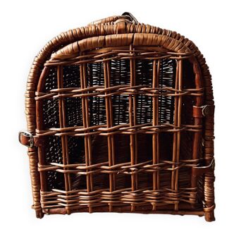 Rattan and leather cat transport basket