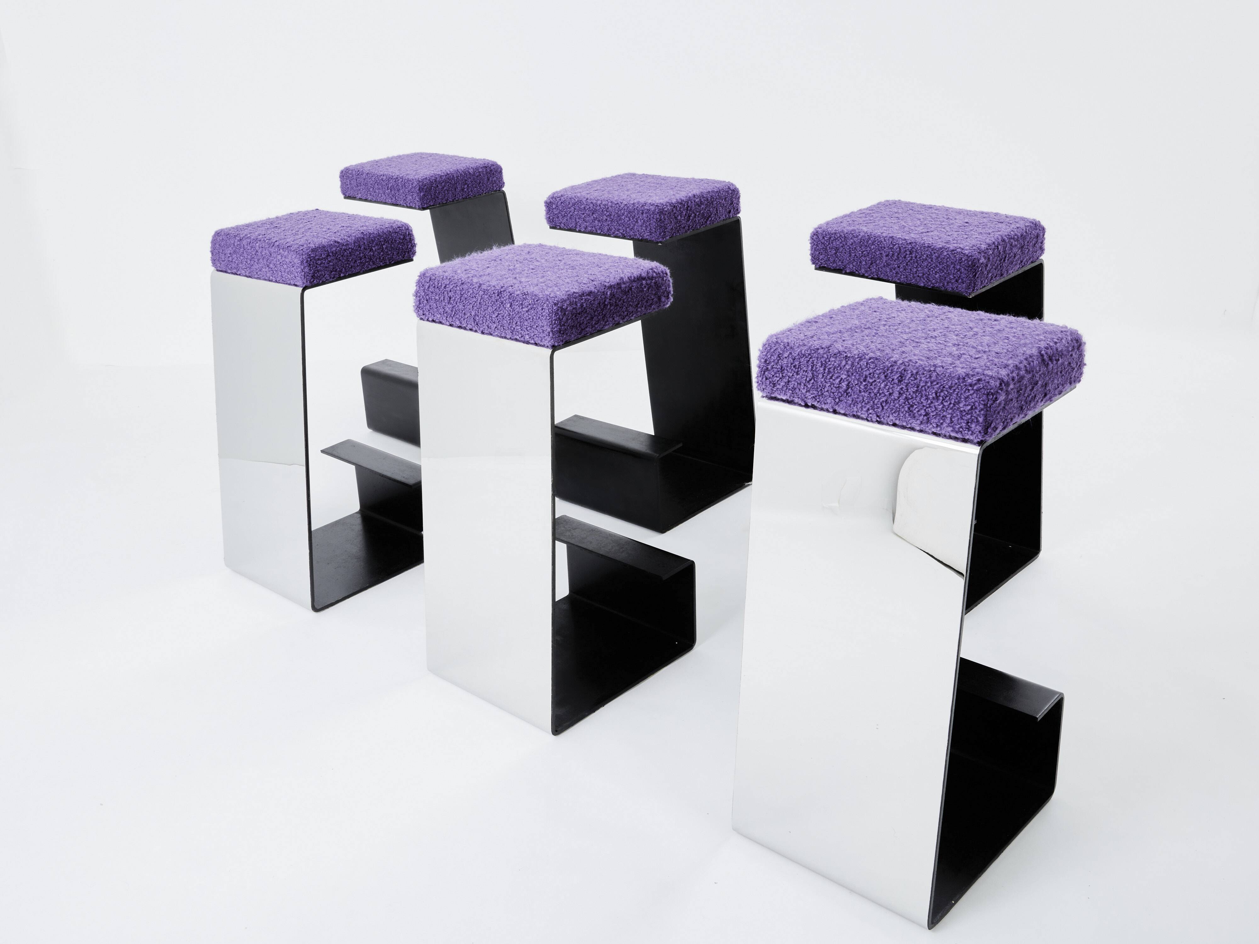 Set of 6 wrought iron bar stools polished steel curly wool 1970