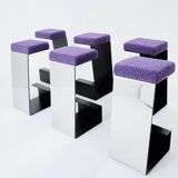 Set of 6 wrought iron bar stools polished steel curly wool 1970
