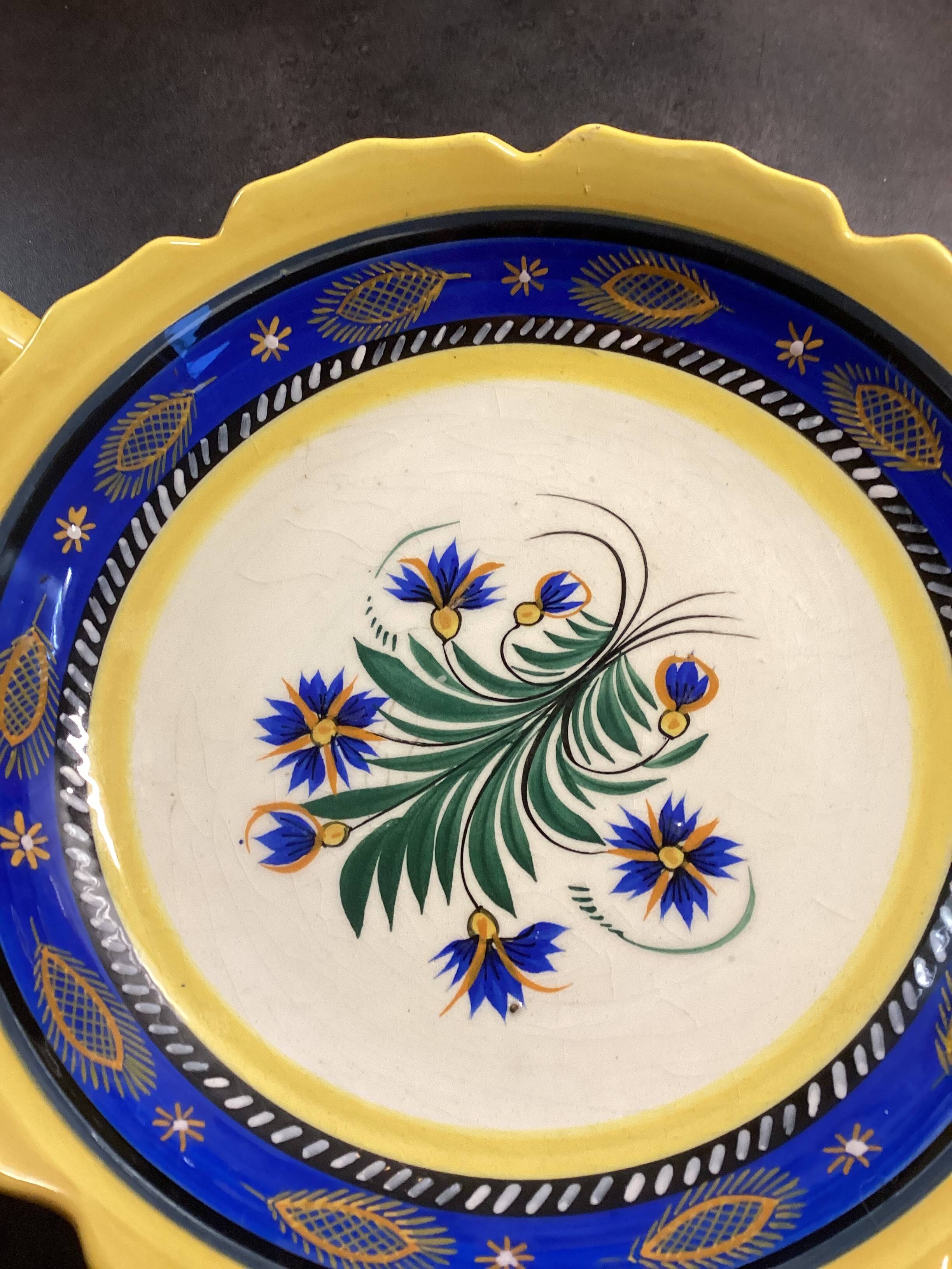 Vintage Henriot Quimper Large, Handled Fruit Bowl