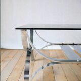 Rectangular coffee table in smoked glass and chrome double trays Design 1970