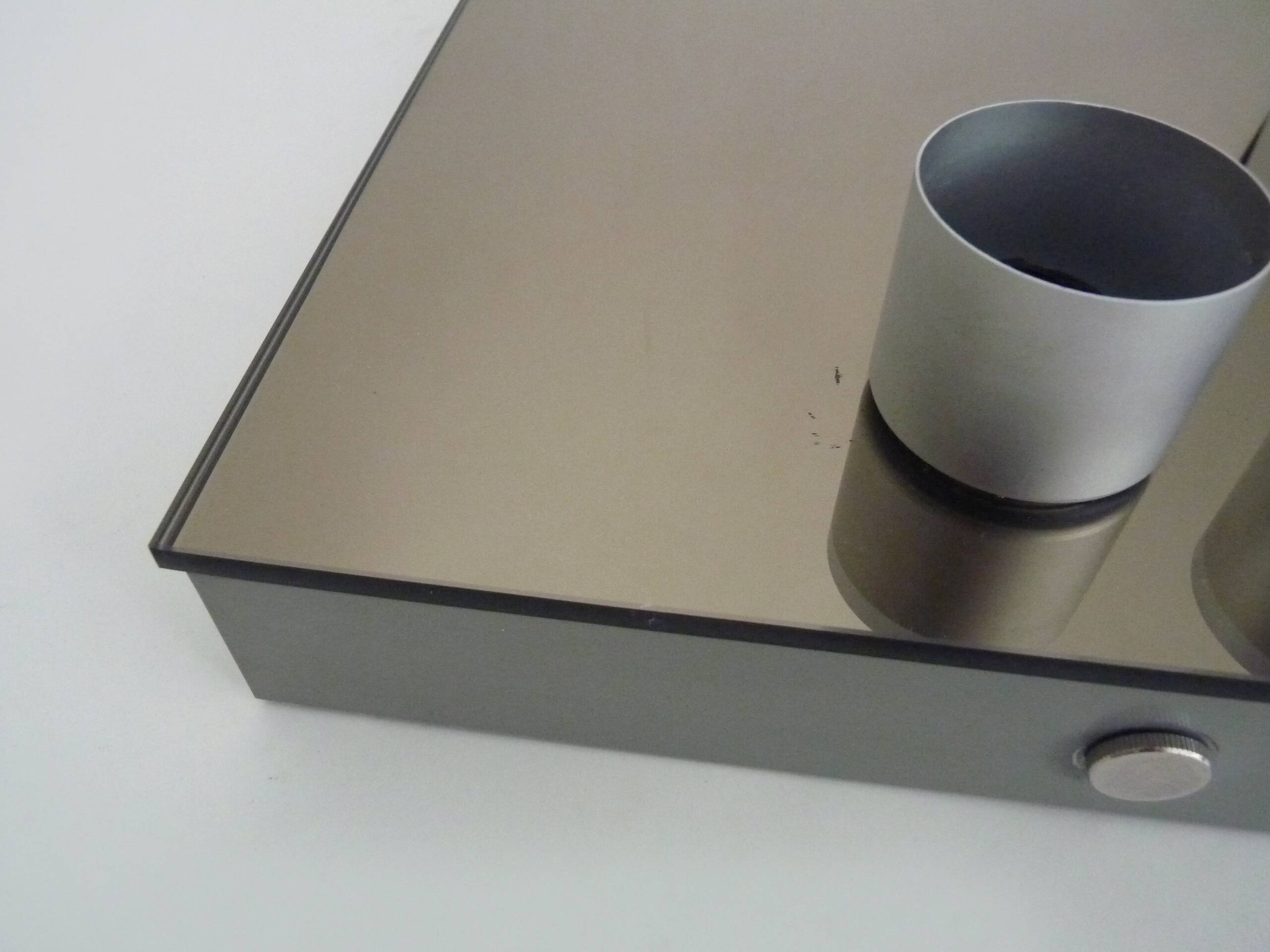 Vintage smoked mirror ceiling light with 4 bulbs, stainless steel structure and mirror.