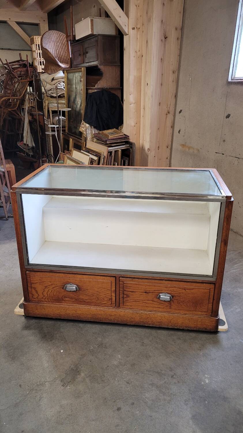 Shop counter display cabinet with old drawers, 1900s