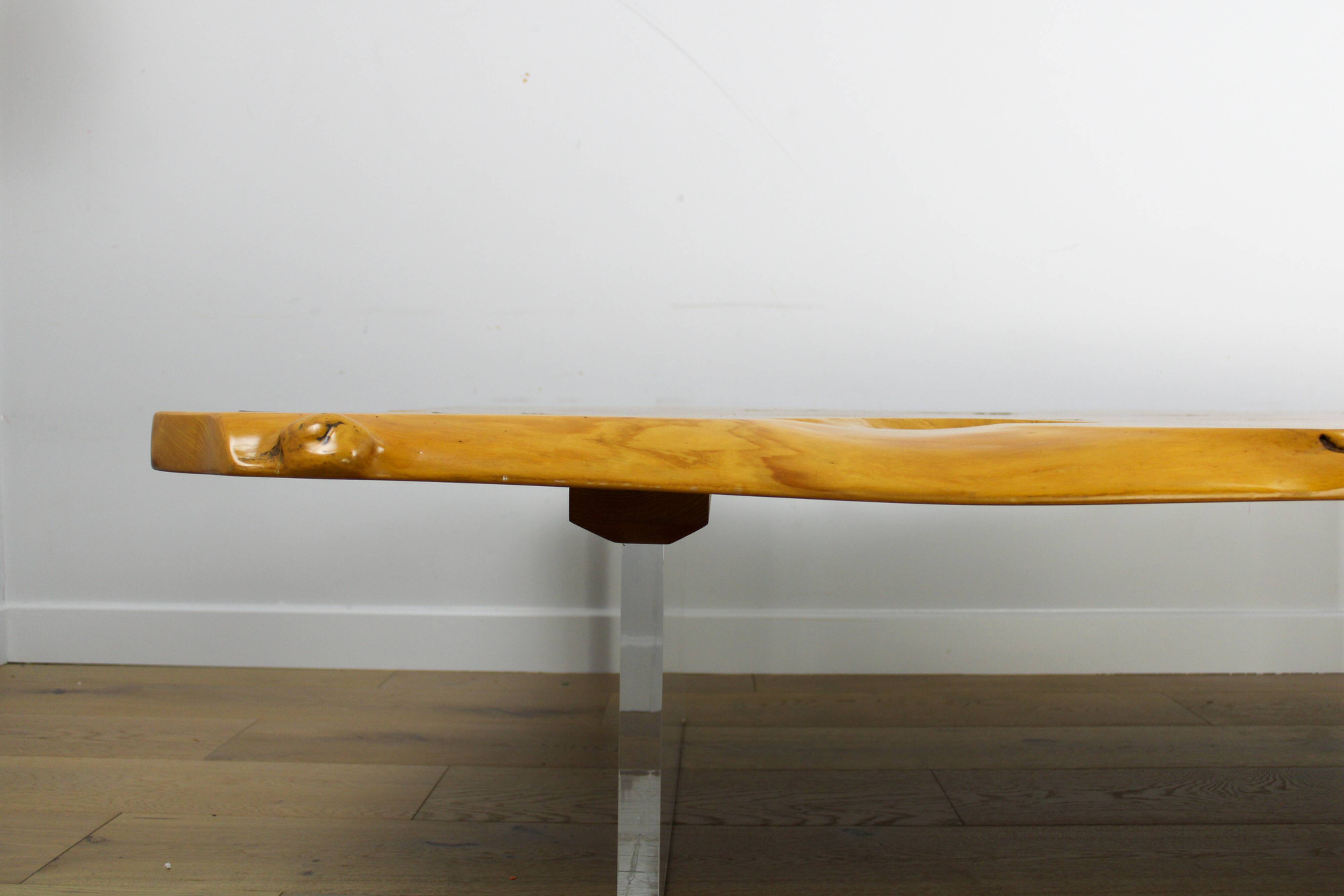 'Floating' mid-century Italian burr elm coffee table on Lucite blocks