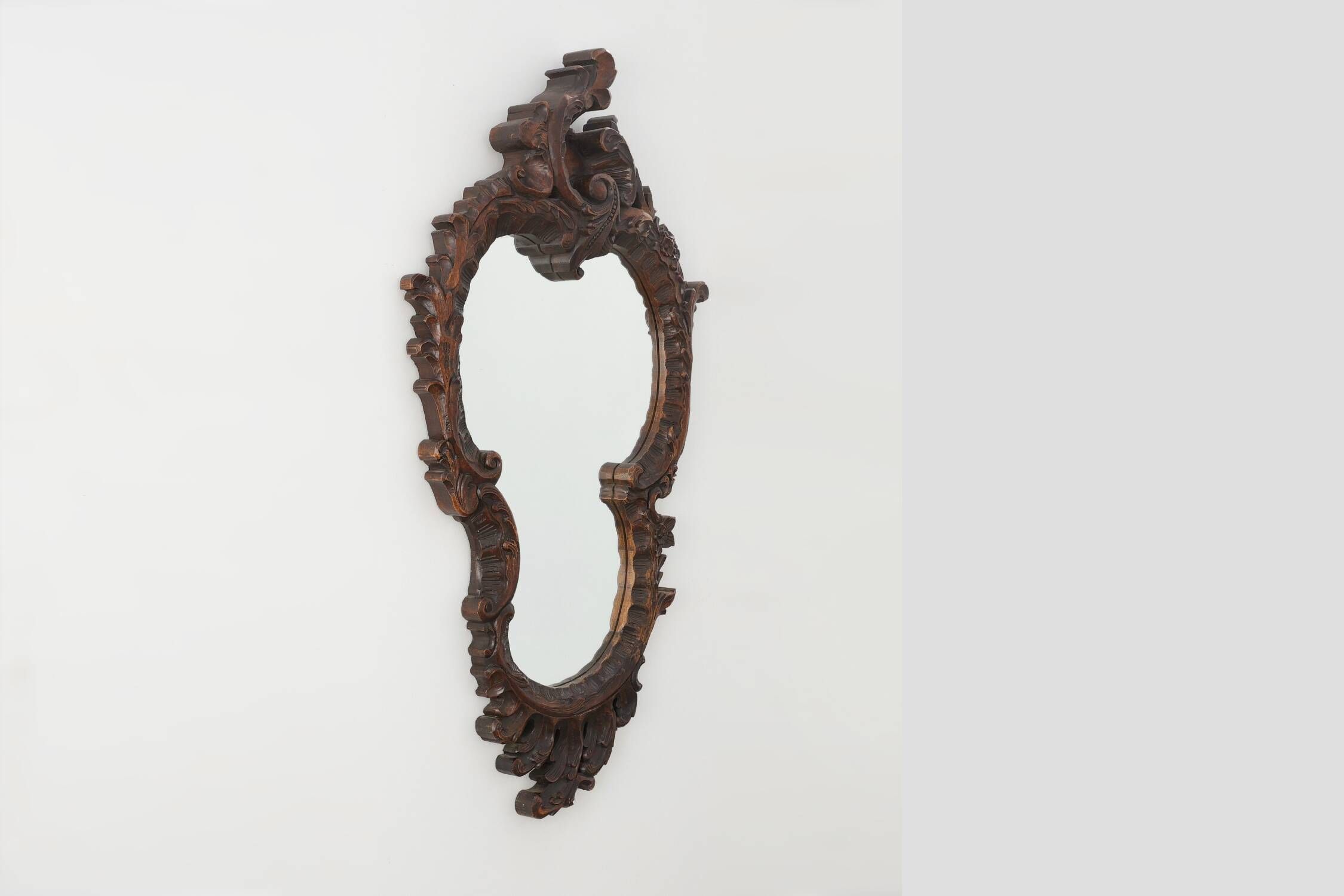 Rococo Style Carved Wooden Mirror with Cartouche-Shaped Glass, Italy