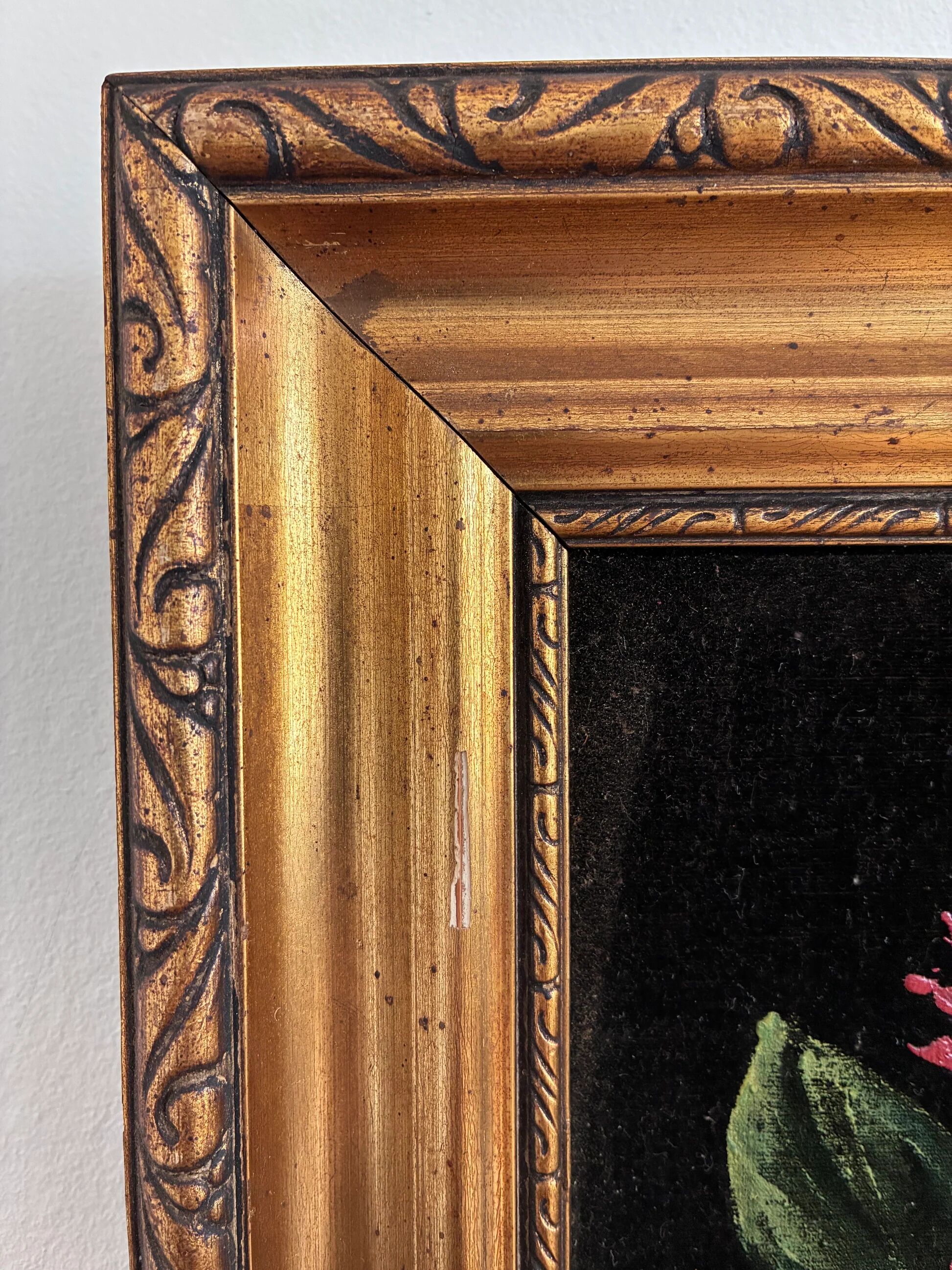 Set vintage original velvet flower oil painting, pair of flower still life art