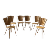 Set of 6 vintage fan-back dining chairs with beige leatherette upholstery