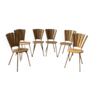 Ensemble de 6 chaises de salle à manger vintage avec dossier en éventail et rembourrage en simili cuir beige.