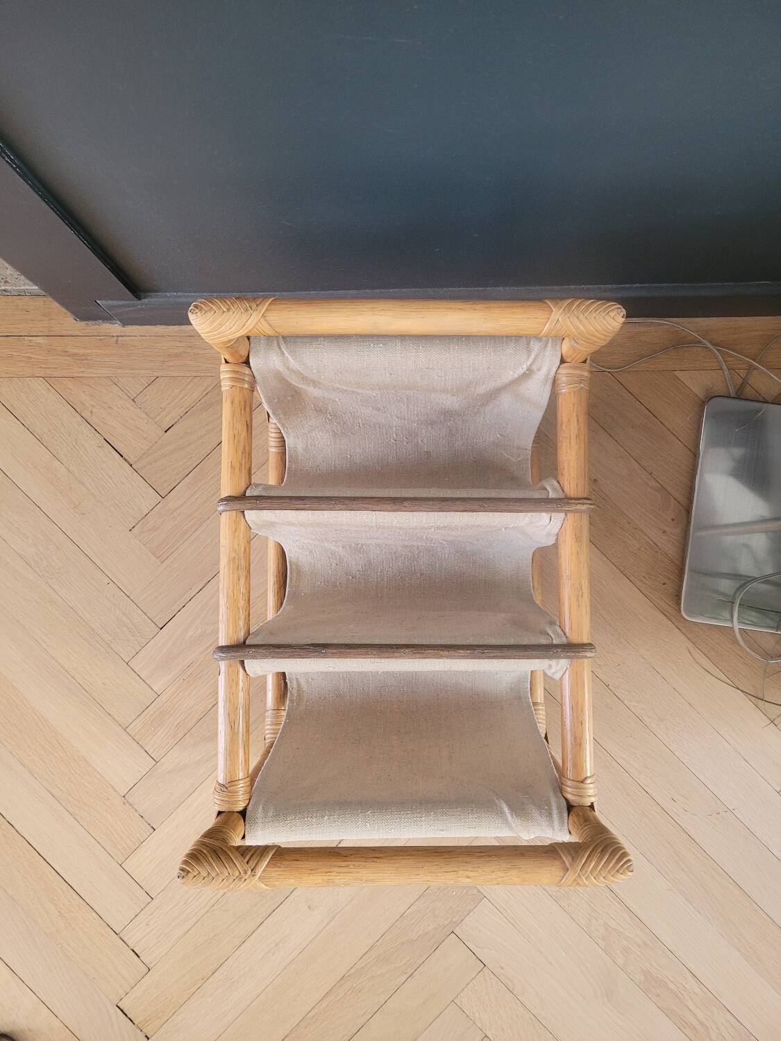 Vintage magazine rack made of bamboo, rattan and canvas