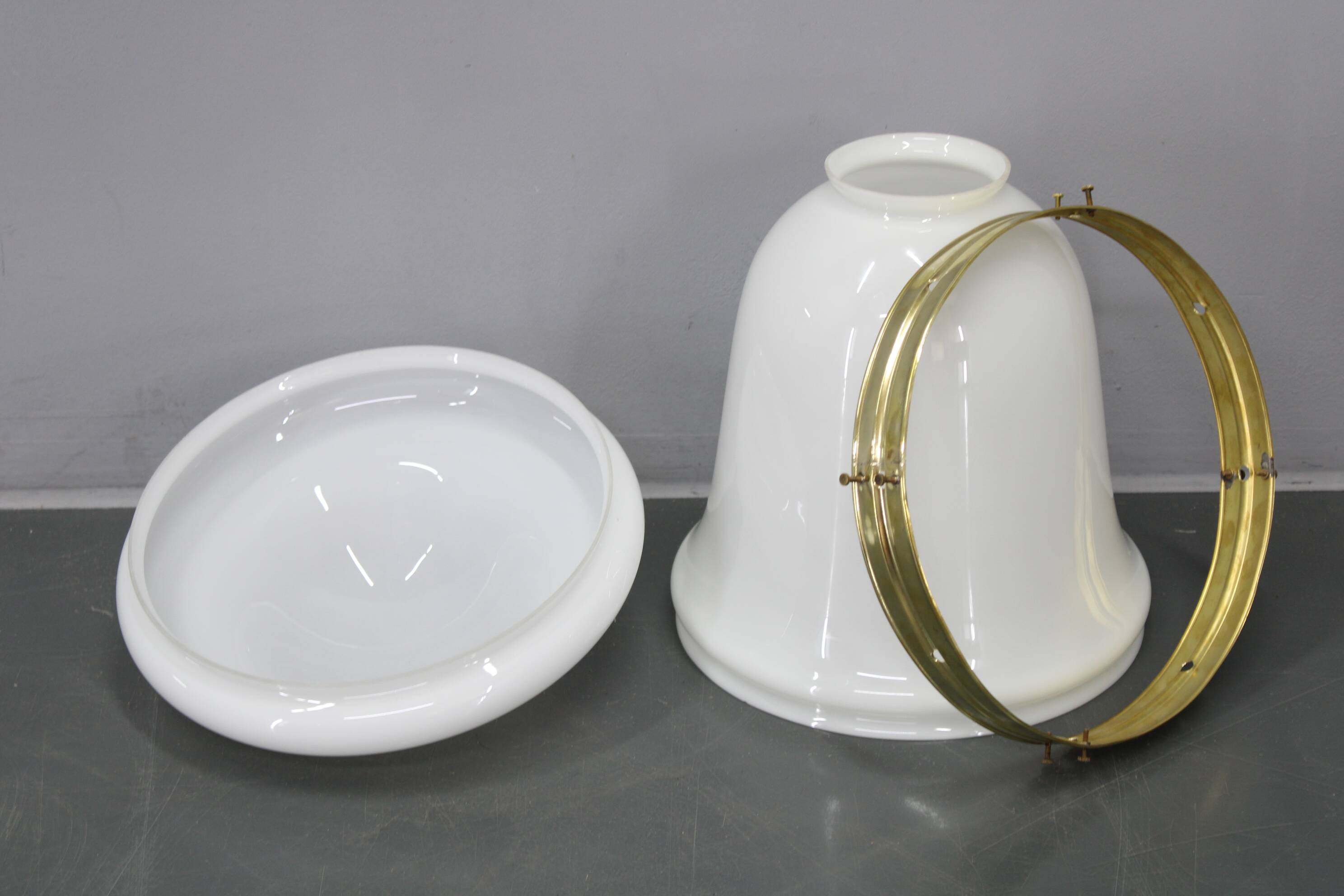 Pair of 1930s Peter Behrens Luzette pendants in opaline glass and brass