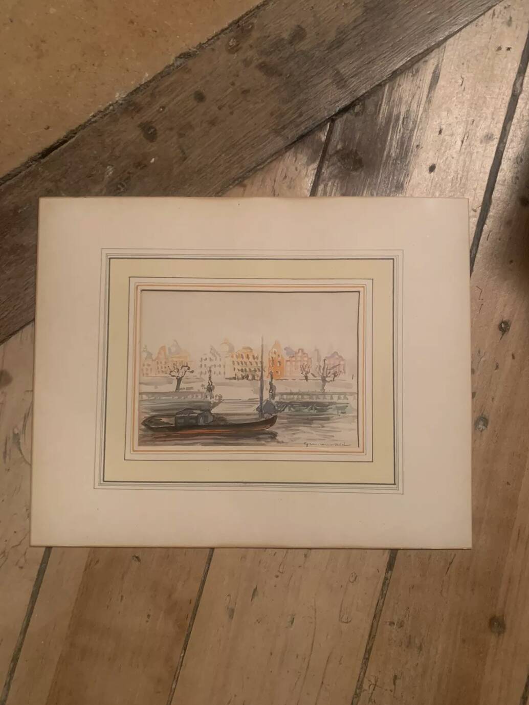 Jean Jacques GRUNENWALD (1911 - 1982) - Watercolor - Barge in Town