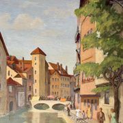 1940s French oil painting on wood. Cityscape