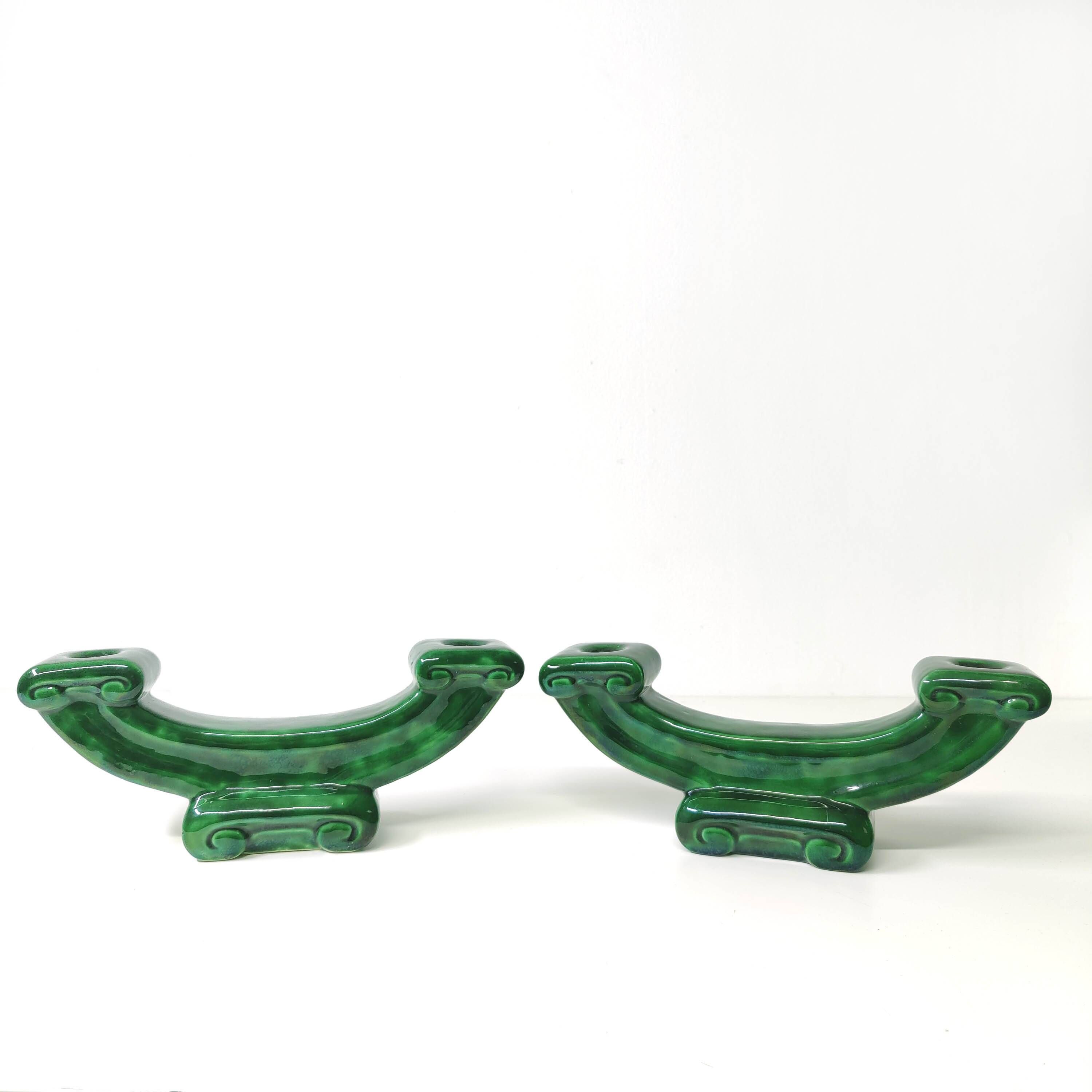 Pair of Art Deco green ceramic candlesticks by Santiago Rodriguez Bonome Paris