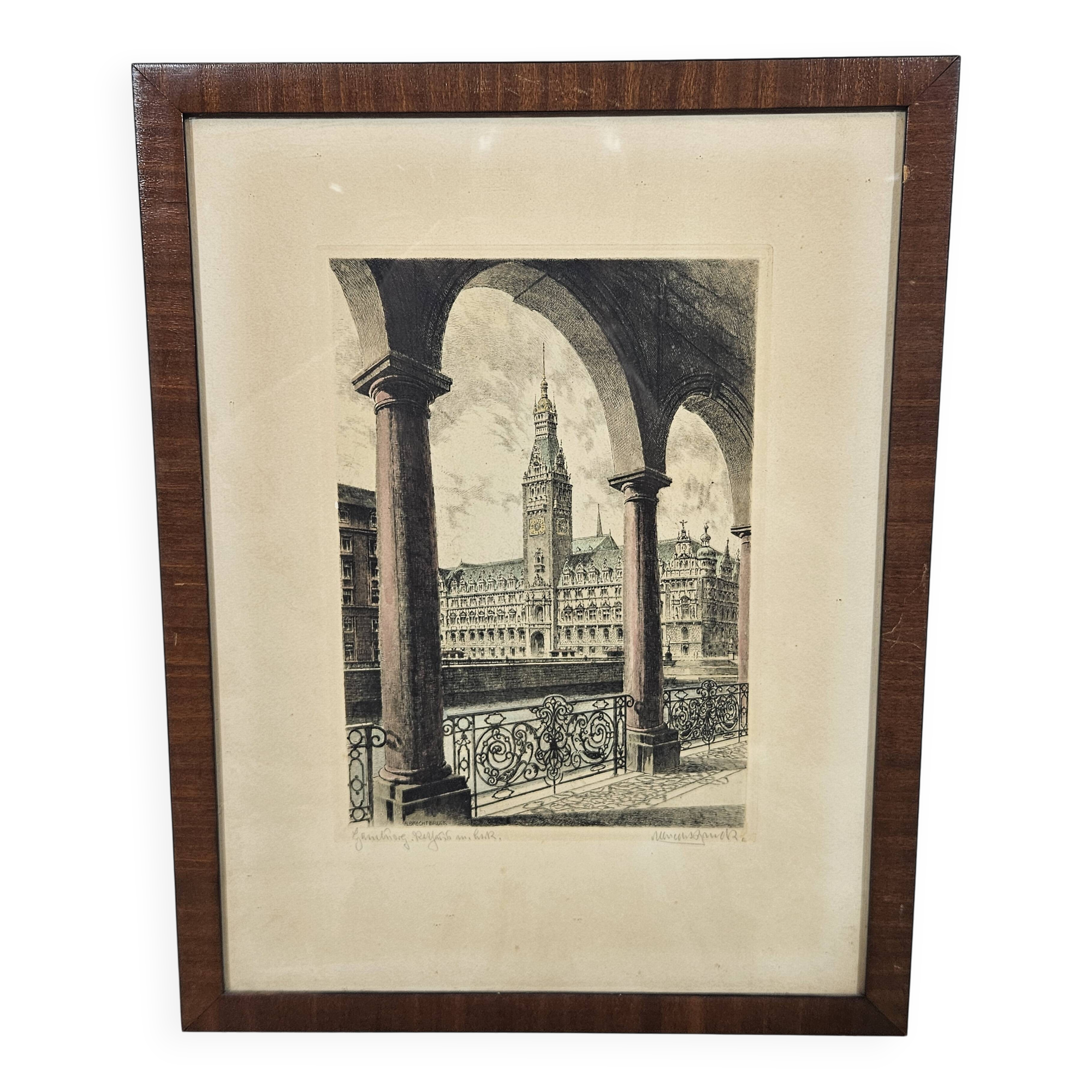 Etching "Town Hall in Hamburg" by Albrecht Bruck