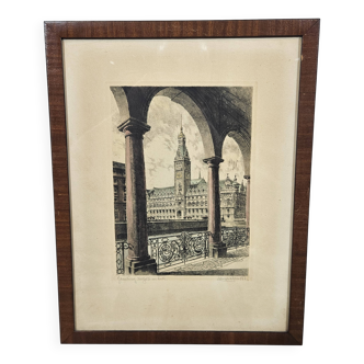 Etching "Town Hall in Hamburg" by Albrecht Bruck