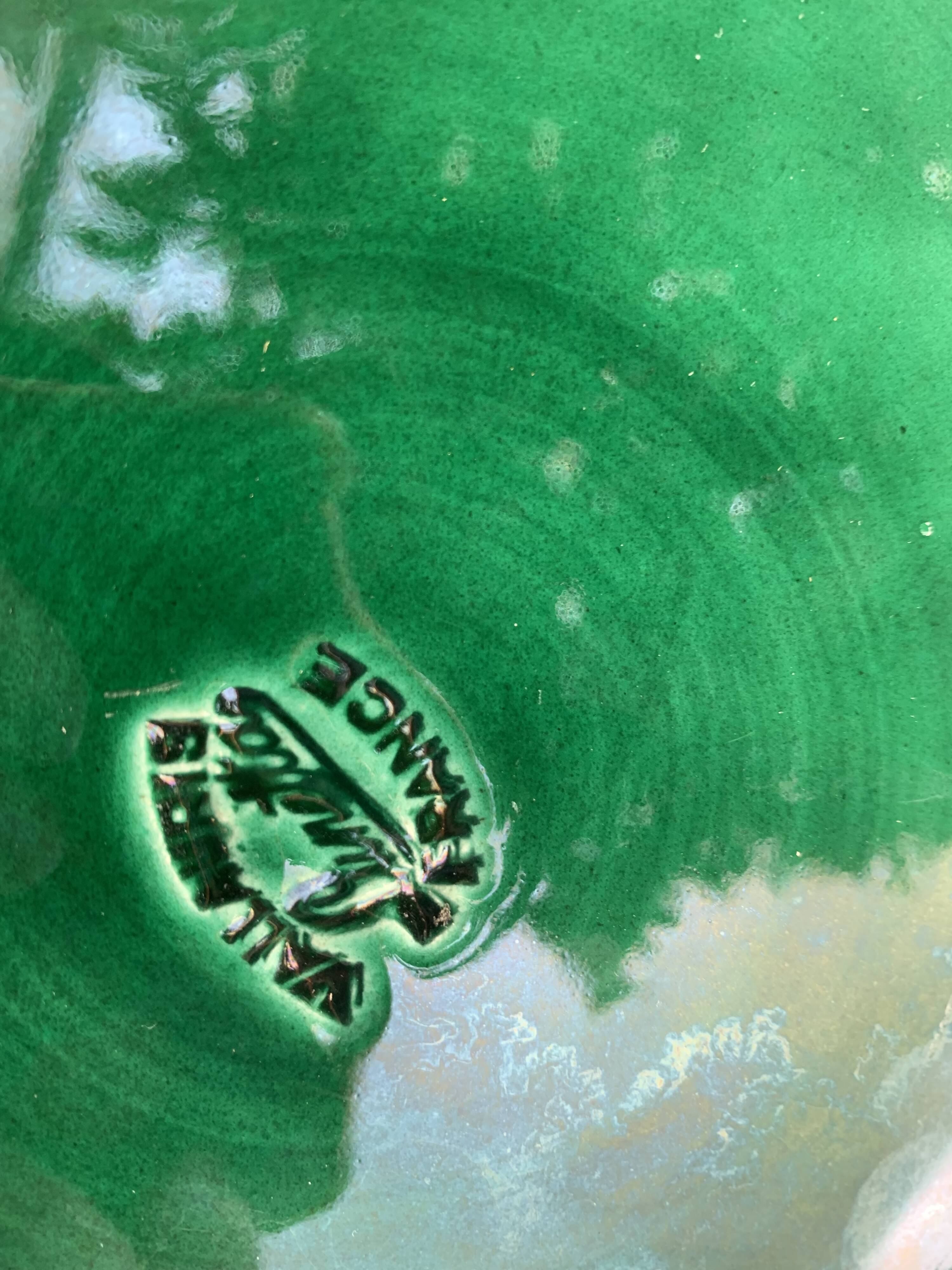 Green enameled ceramic leaf dish, slip, Lunetta vallauris stamps, vintage