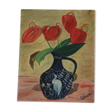 Oil on still life panel, vase with anthuriums