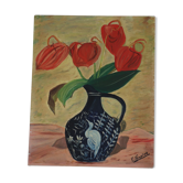 Huile sur panneau nature morte, vase aux anthuriums